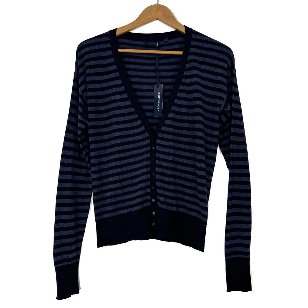 Martin + Osa Women’s Size Small Blue Striped 100% Cotton Cardigan Sweater New